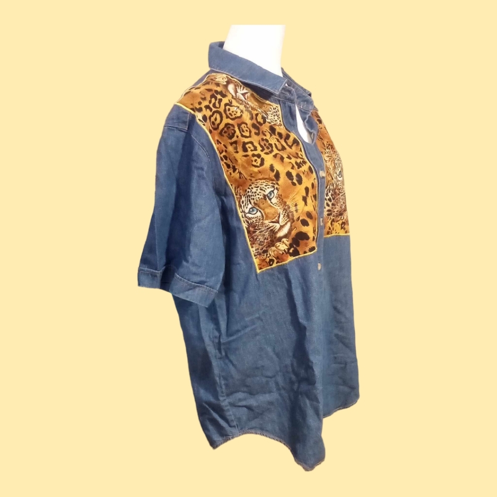 Vintage large denim/leopard  button down - Picture 3 of 6